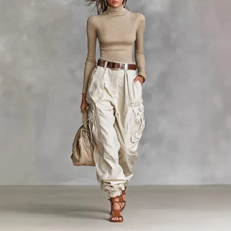 Vintage Casual Loose Multi Pocket Work Pants Vacation Solid Color Sports Pants  Women Temperament  with Ankle Cuffs Sweatshirt