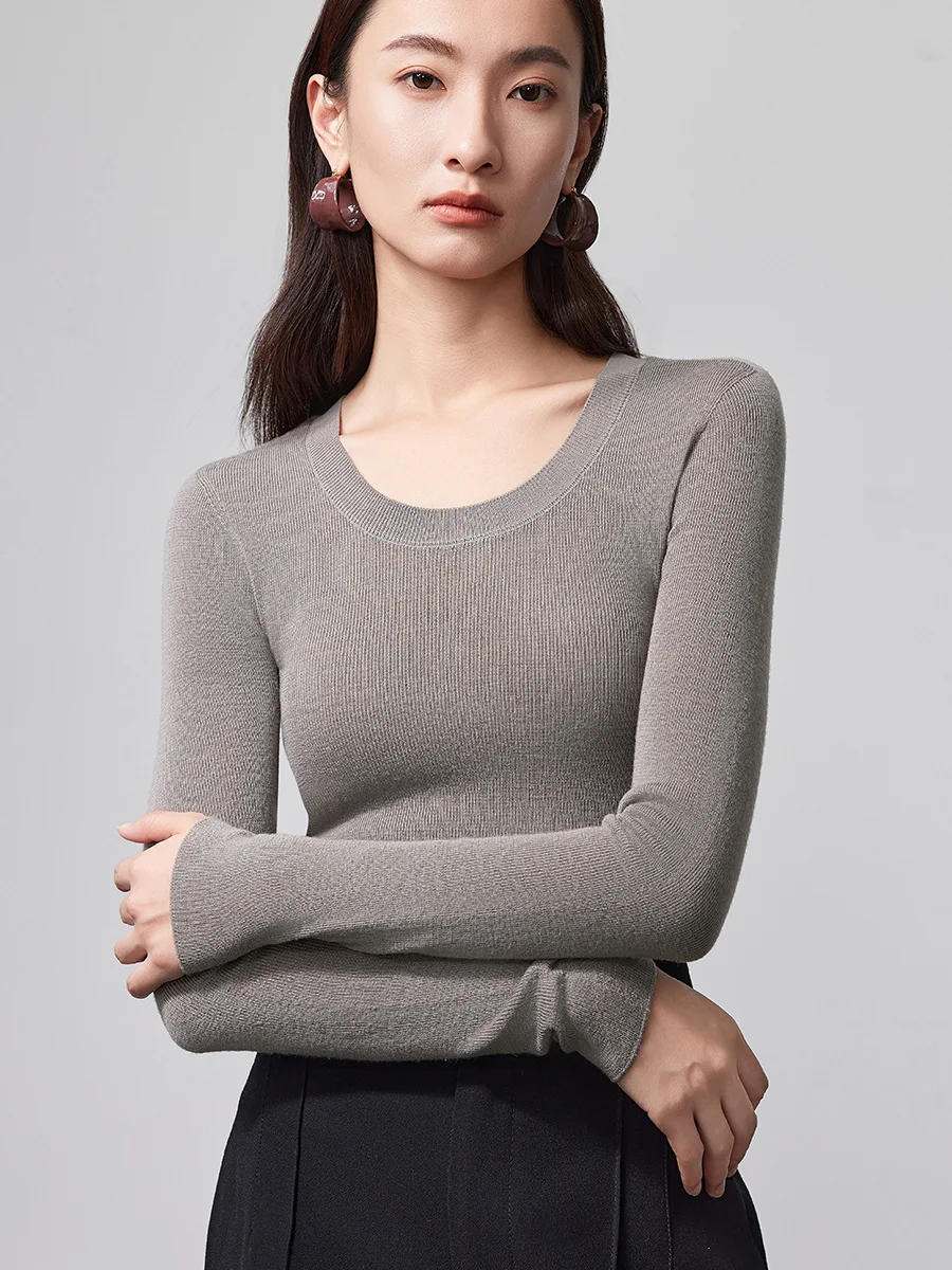 BirdTree, 90%Sheep Wool 10% Silk Elegant Knitwear, Women Long Sleeve Seamless, Casual Commute Tops, Autumn Winter Tees T48034QC