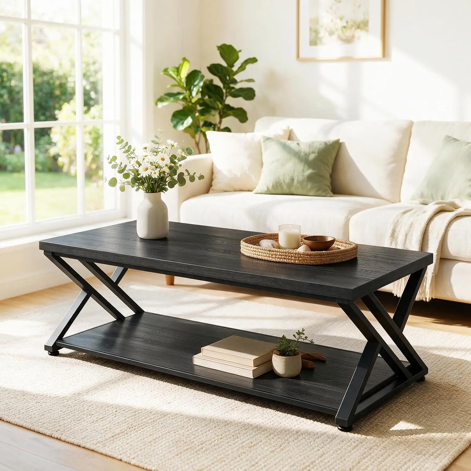 Rustic 2-Tier Coffee Table with Storage,Industrial Metal Wood Center Table, Farmhouse Rectangle Coffee Table with Open Shelf,Vintage Minimalist Living Room Table,Black