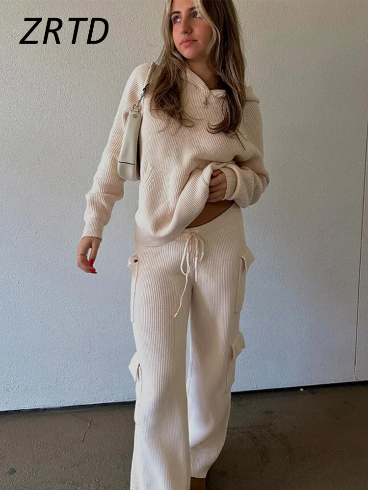 

Повседневный вязаный комплект из 2 предметов, толстовка с капюшоном с длинным рукавом и карманами, брюки на шнуровке, осень 2024, женский модный однотонный спортивный костюм