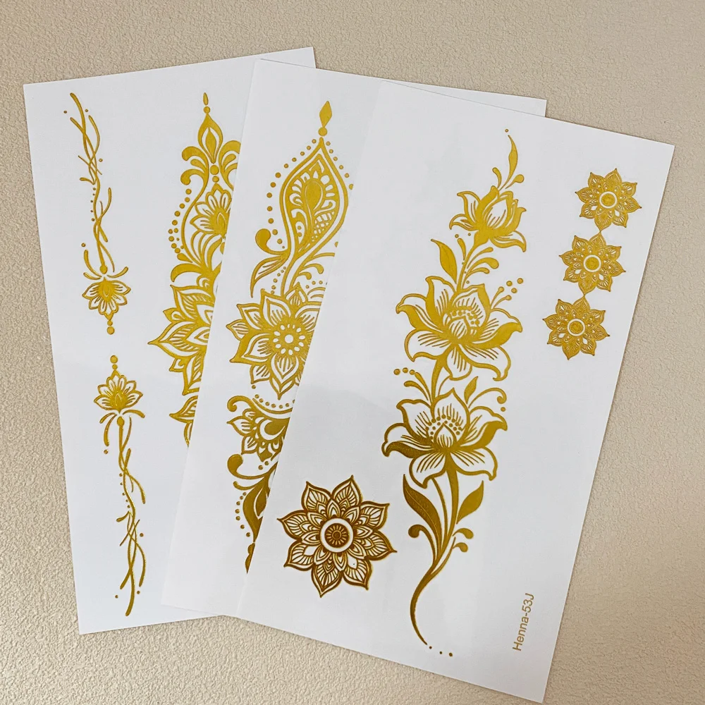 1pc Metallic Flower Tattoo Stickers for Women Waterproof Golden Henna Mandala Temporary Tattoos Fake Tattoo Wedding Body Decor view 4