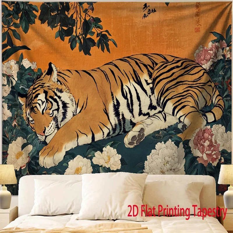 VIKAMA Sleeping Tiger Tapestry Floral Jungle Animal Wall Hanging Decor for Bedroom Living Room Dorm Nature Wildlife Art