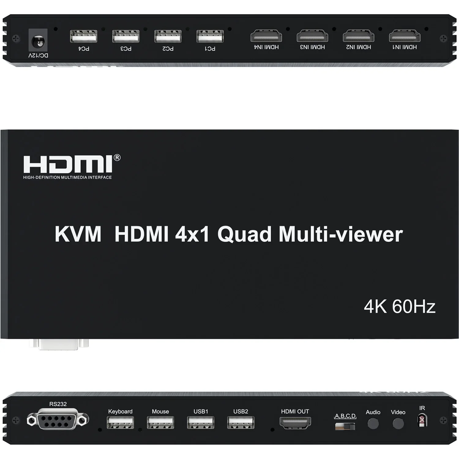 4K 60Hz HDMI Multiviewer KVM Switch 4x1 USB Quad Multi-Viewer PIP 90° 180° Flip for 4 PCs Share USB Keyboard and Mouse Control