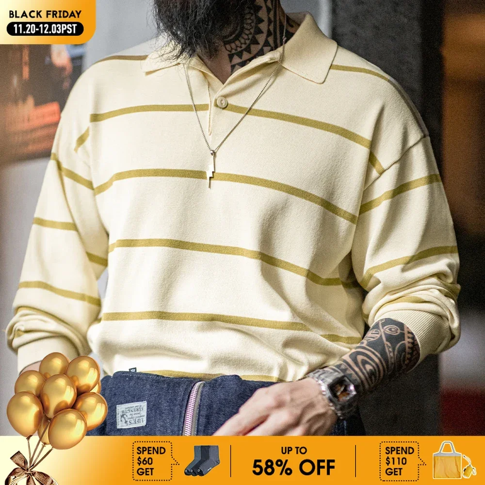 

Maden Повседневная полуоткрытая полосатая вязаная рубашка поло контрастного цвета с отложным воротником Свободная футболка с длинными рукавами для мужчин