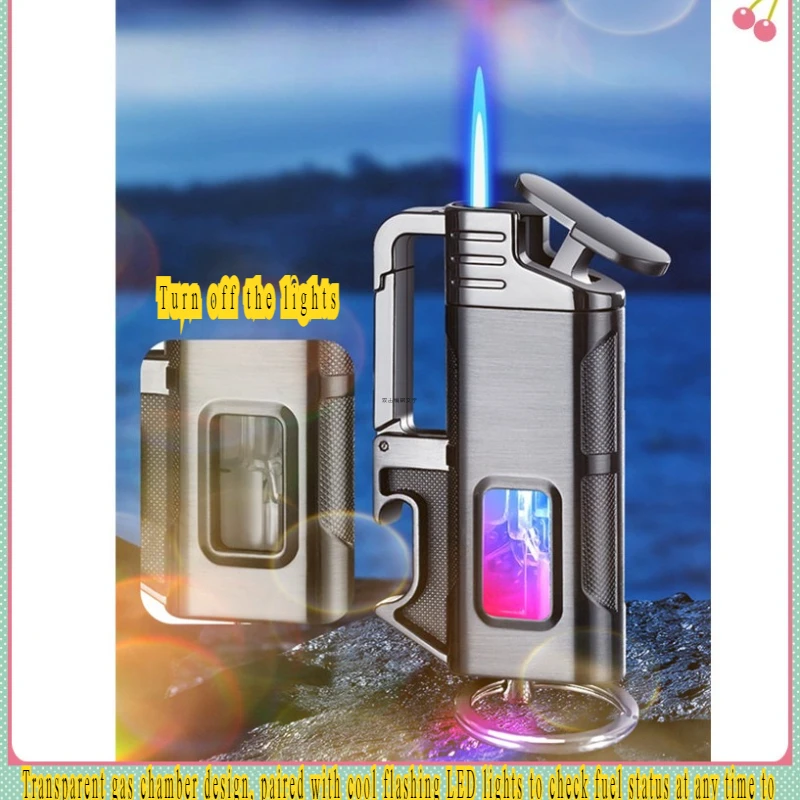 

Multifunctional Keychain LED Bottle Opener with Transparent Window Cigarette Lighter Metal Windproof Blue Flame Spray Lighter