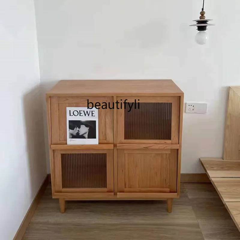 

Solid Wood Rattan Magazine Bookcase Small Apartment Dining Side Storage Cabinet Living Room Floor Storage TV Side Cabinet