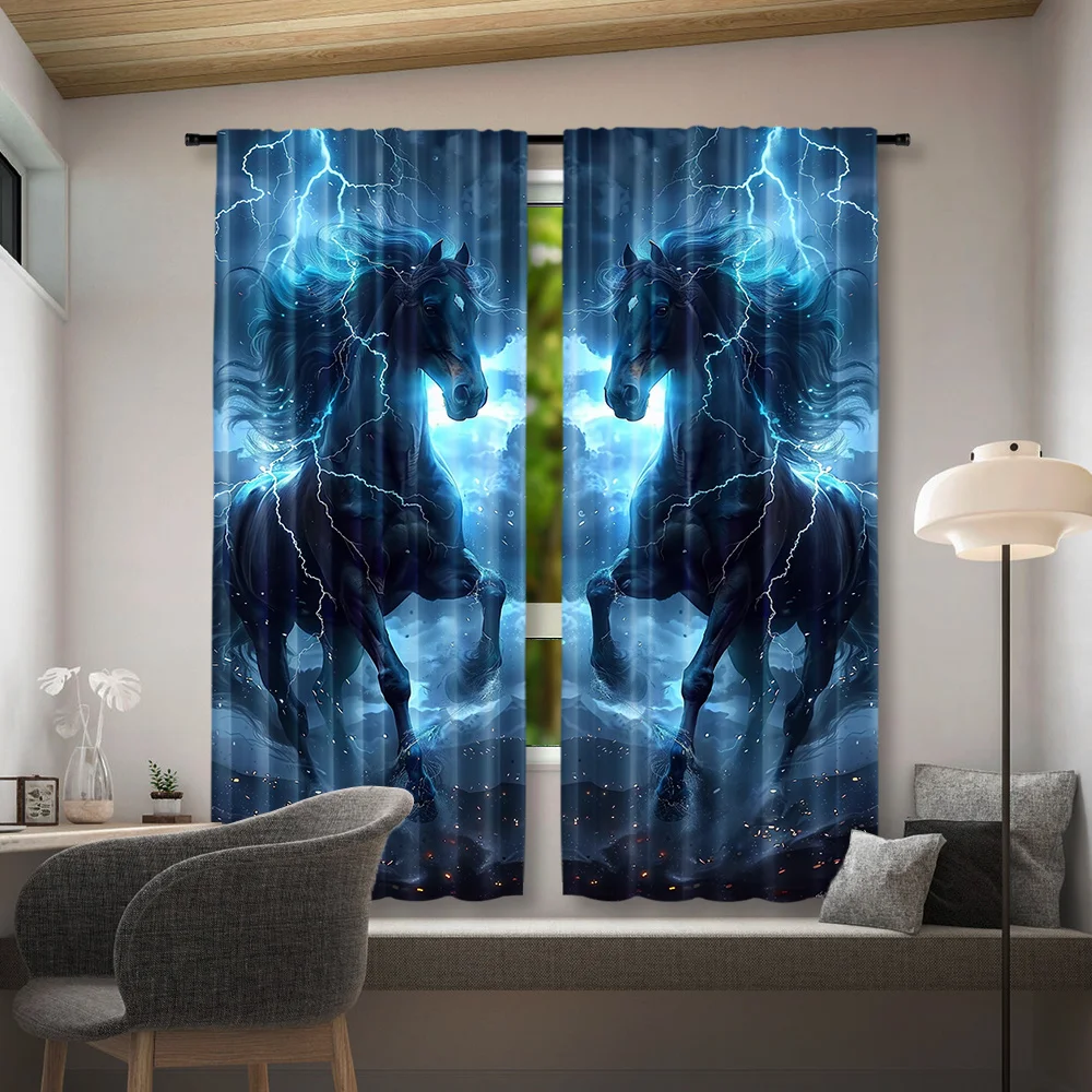 Cool Lightning Stallion Curtain 2 Panels, Dark Galloping Horse Thunder Cloud Blue Tone Print, Curtains Decor Room Gothic Curtain