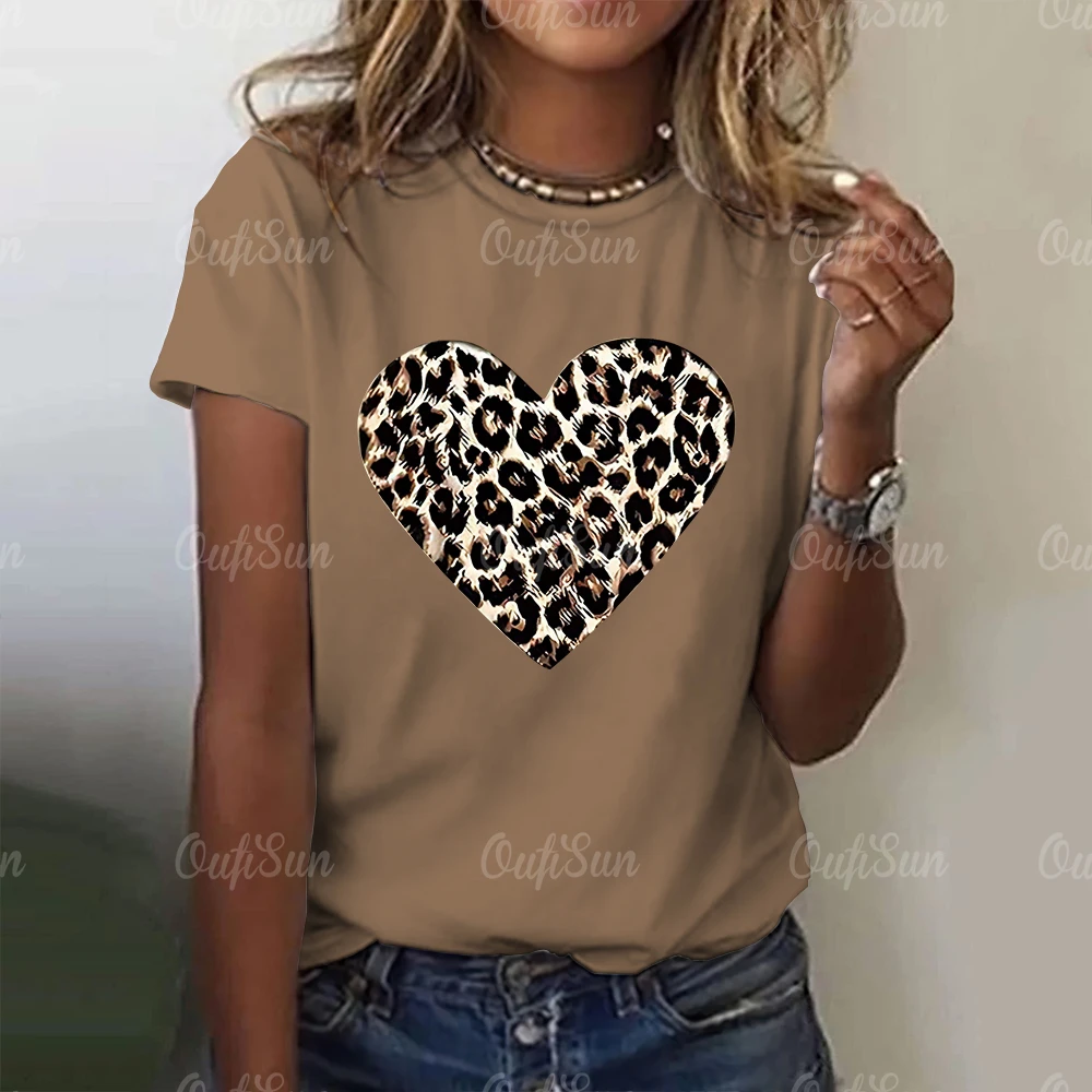 Camisetas con estampado de leopardo para mujer, ropa holgada informal de manga corta, corazón de amor con patrón de Jersey, Verano