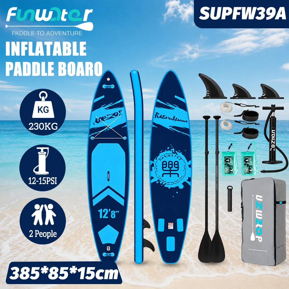 SUP Doppel-Wasserstation-Board, aufblasbares Stand-Up-Paddle-Board, 385 * 85 * 15 cm, extra großes und breites Design, doppelte Paddel, doppeltes Sicherheits-Fußseil, doppelte wasserdichte