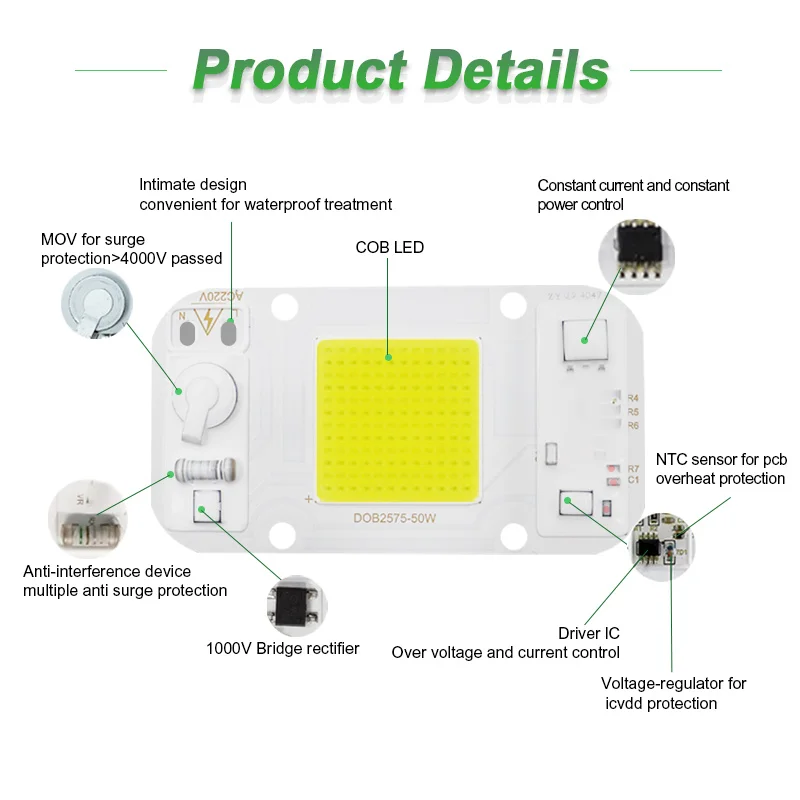 Full Power Free Driverless AC LED COB Chip DOB 25X25 AC220V 230V Smart IC NO Driver 20W 30W 50W for Floodlight DIY Lighting