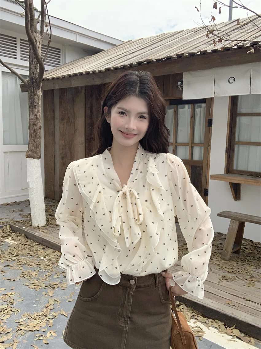 

Women's Long Sleeve Shirt Polka Dot Tie Neck Lace Hem Base Layer Top Knot Polyester Fiber V-neck Regular Fit Spring