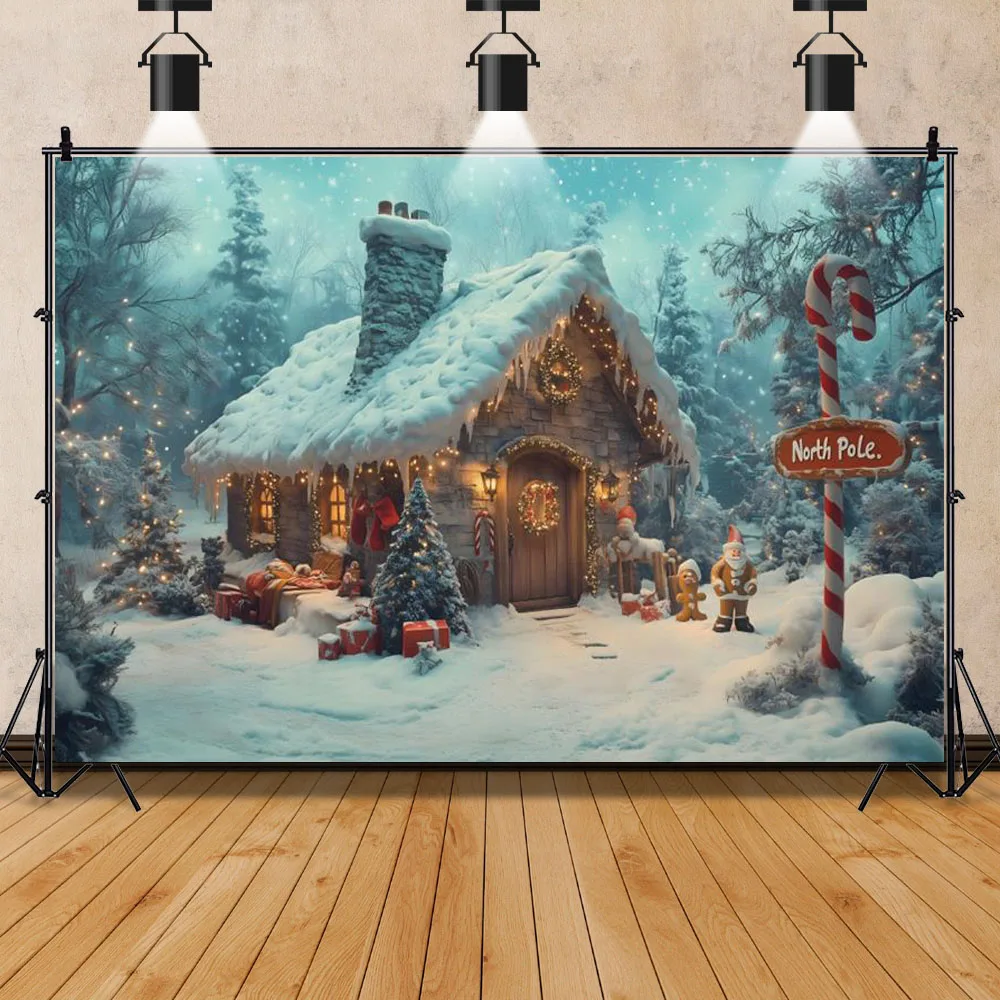 Weihnachten Fotografie Hintergrund Nordpol Candy Cane Stadt Märchen Hintergrund Santa Claus Geschenk Kind Winter Outdoor Photocall