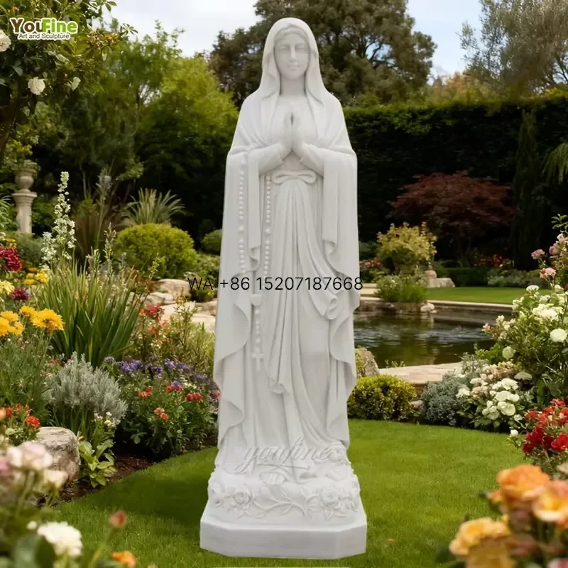 Wmwmnu for YouFine Hand Carved Natural White Marble Our Lady of Lourdes Statue Virgin Mary Religious Sculpture for Outdoor