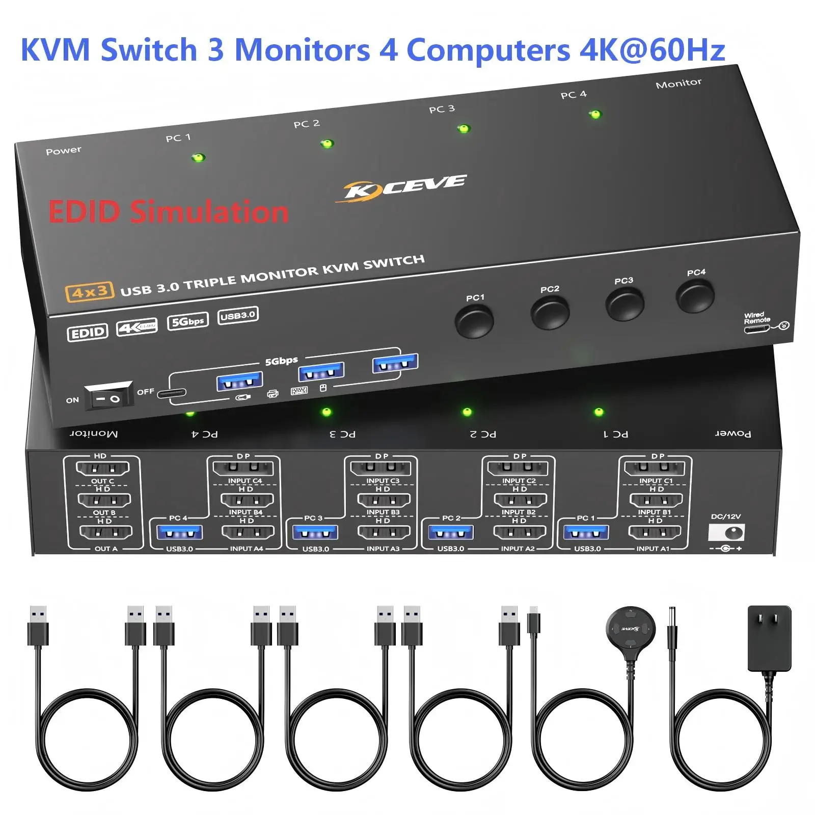 Switch KVM per 3 Monitor e 4 Computer 4K@144Hz/8K@60Hz, Switch Triplo Monitor HDMI DisplayPort con 4 Porte USB 3.0 per Tastiera e Mouse