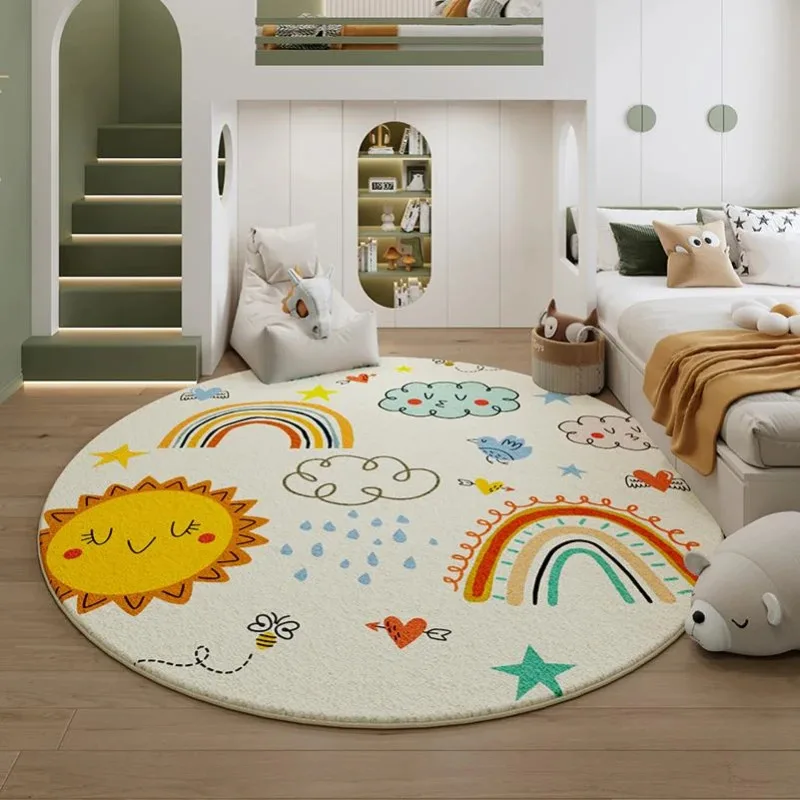 VIKAMA Children's Fun Sun Rainbow Kinderzimmer-Rundteppich, rutschfeste und sturzsichere Spielmatte, warme Schlafzimmer-Dekorationsdecke
