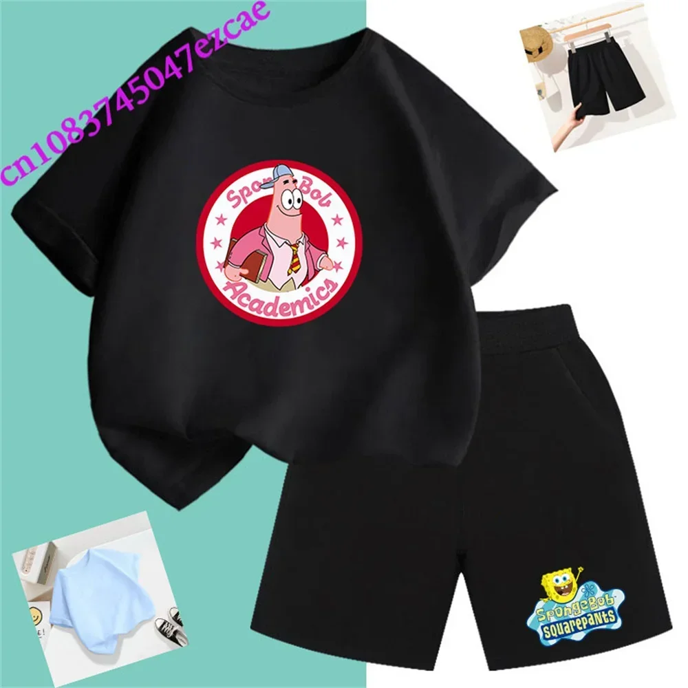 2024 New Spongebob Summer T-shirt Children's Suit Boys And Girls Short-sleeved Shorts 2 Sets Of Cartoon Printing Children t Shir