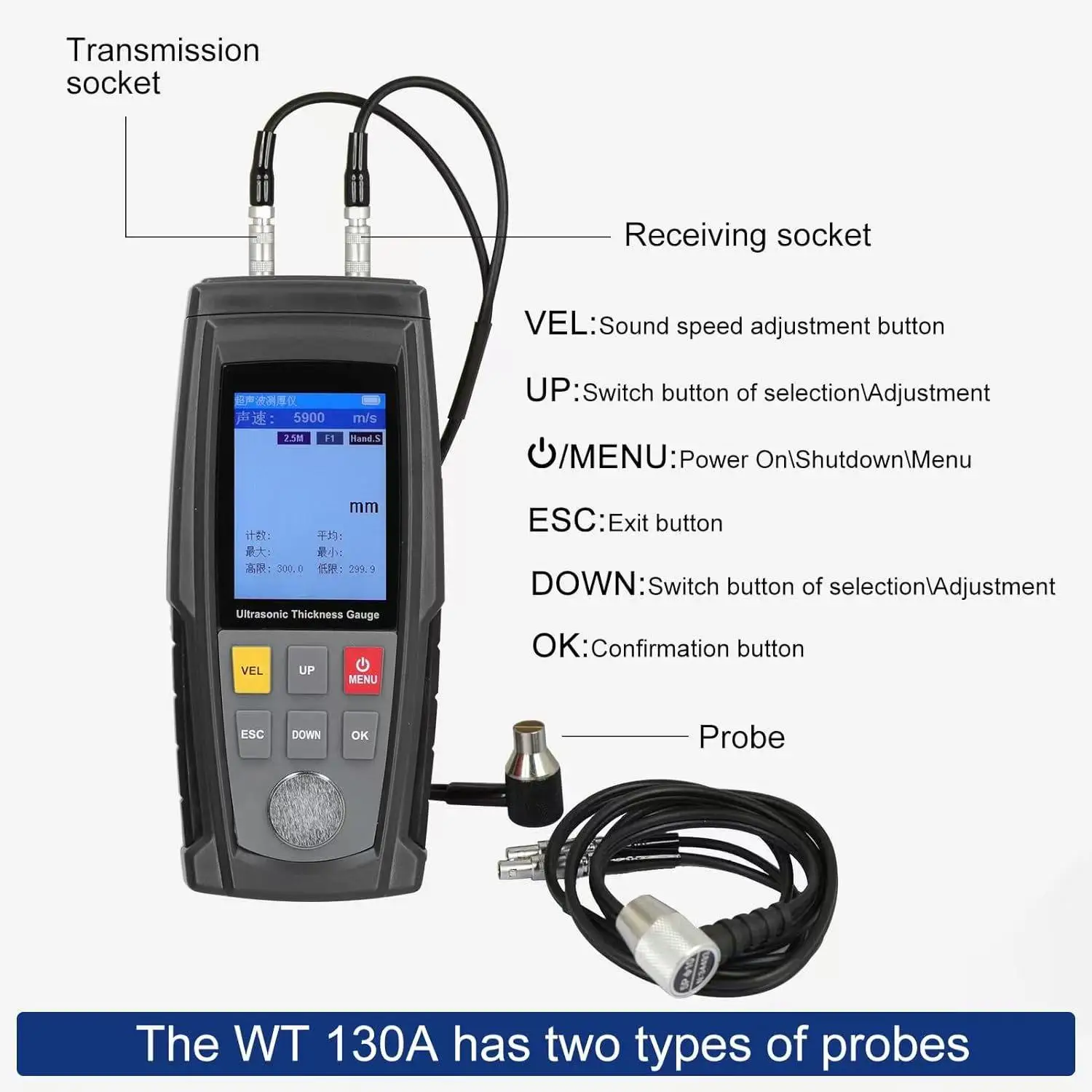 WT130A Handheld Ultrasonic Thickness Gauge for Accurate Measurement of Metals, Plastics, Ceramics, and Glass Thickness Testing