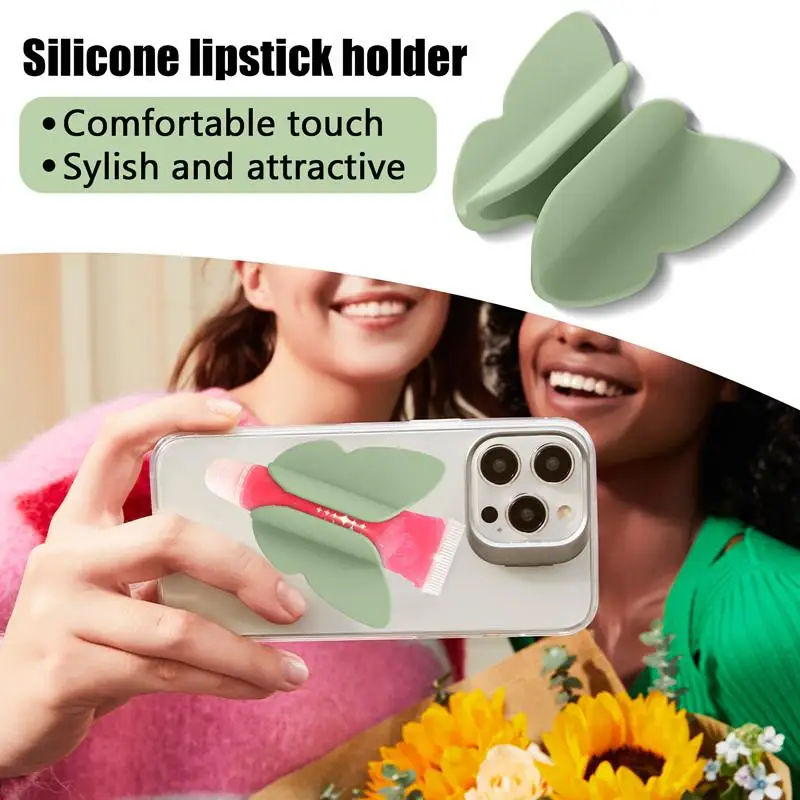 Soporte de silicona para lápiz labial con ventosa, antipérdida, forma de mariposa, brillo de labios, funda para teléfono, lápiz labial multifuncional, soporte para teléfono