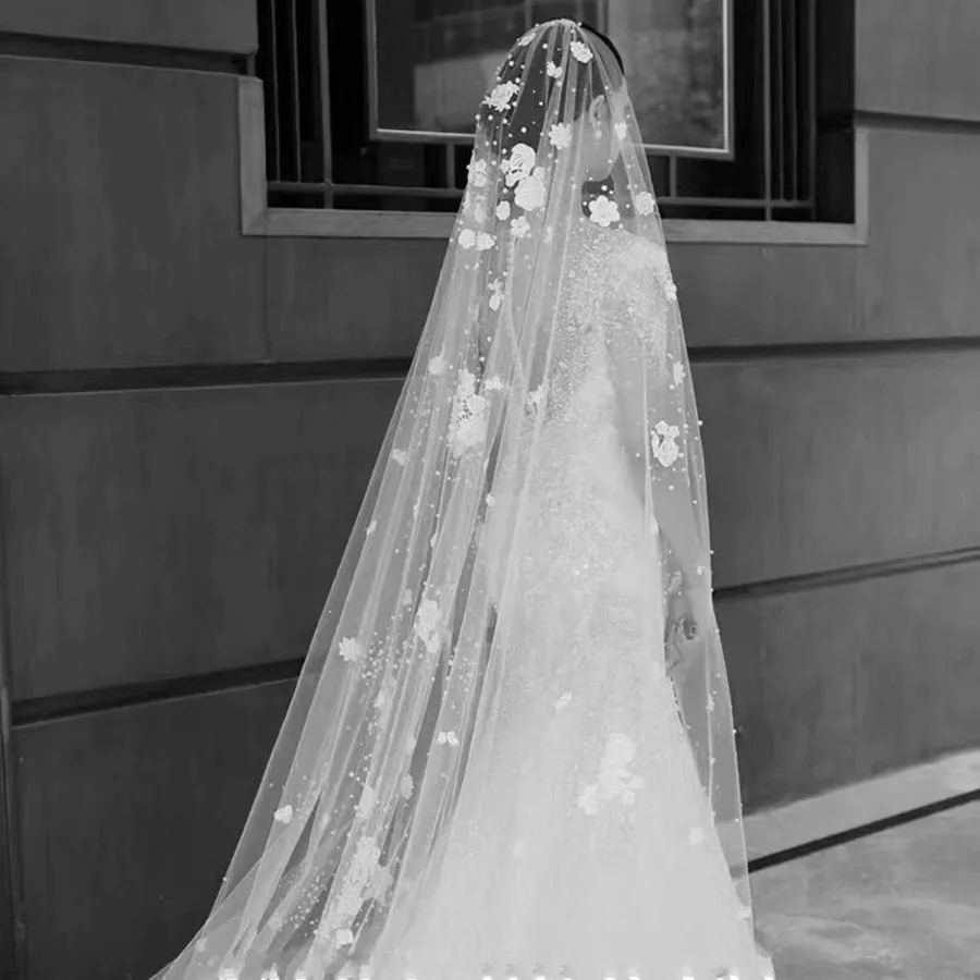 جديد وصول العاج 3 متر العروس طرحة زفاف الدانتيل مطرز اللؤلؤ اكسسوارات الزفاف velos دي novia حجاب الزفاف