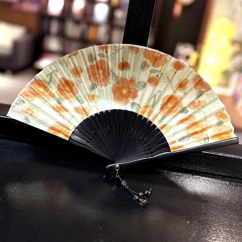 Retro Hong Kong Style Red Flower Pattern Folding Bamboo Fan Portable Summer Cooling Daily Fan for Women Cheongsam Hanfu Gift