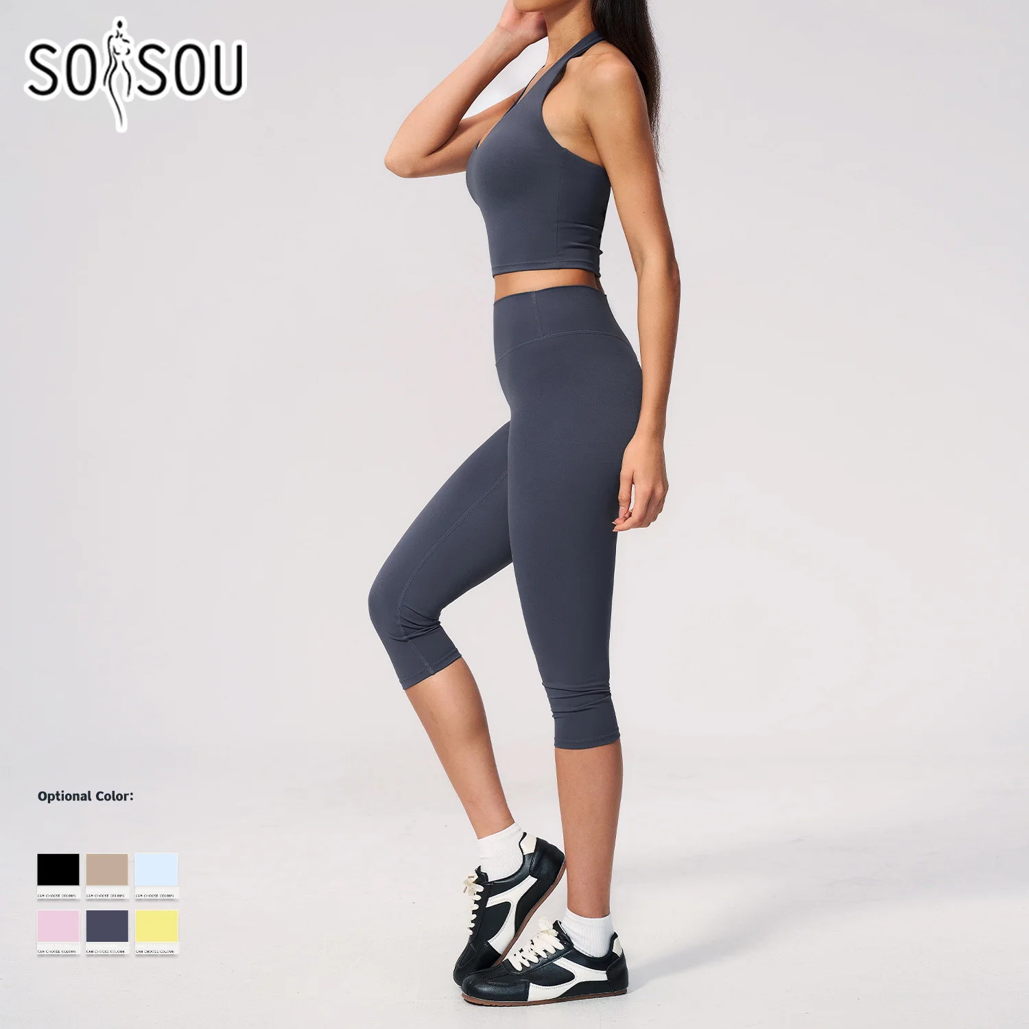 SOISOU Nylon Yoga Set 2PCS Halter Neck Top Gym Fitness Vest Women Yoga Suits Women's Tracksuits Sports High Waist Middle Pants