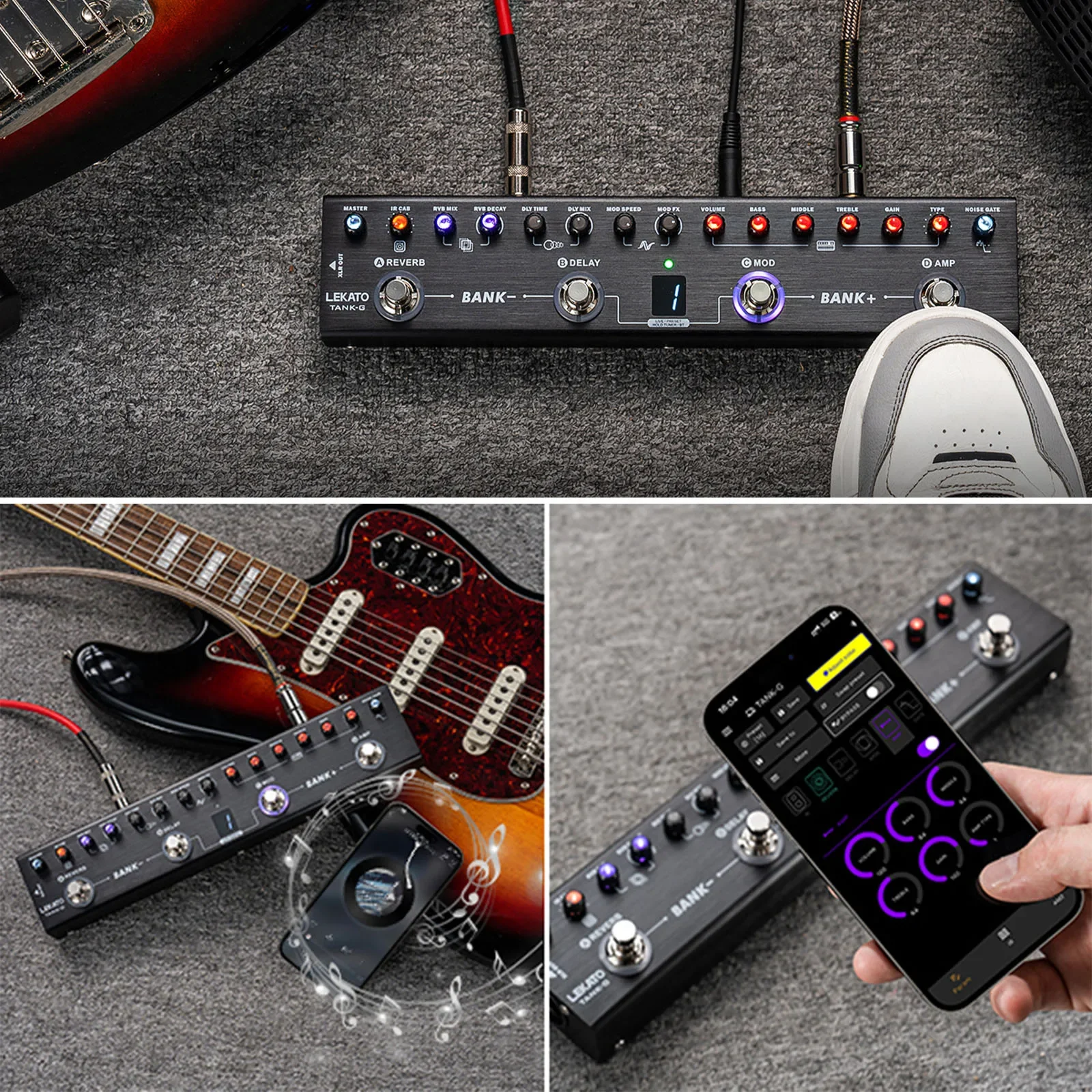 Lekato Multi Effects Guitar Pedal with 4 Modules Amp Chorus Delay Reverb Ir Cab Tuner Bt Music Recording 36 Presets Editable