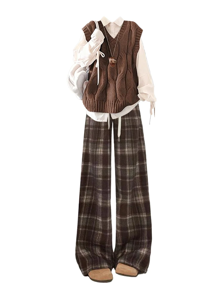 Zestaw damski w stylu retro: koszulka w kolorze kawy, spodnie z szerokimi nogawkami, kamizelka i sweter na jesień i zimę, styl uniwersytecki, designerski.