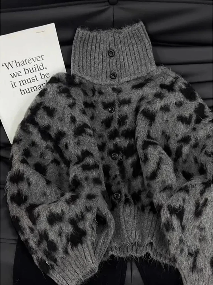 

Уличная одежда, вязаный кардиган с высоким воротником, женский Y2K, серый леопардовый свитер с длинными рукавами и пуговицами, винтажная повседневная верхняя одежда в стиле Харадзюку, новинка