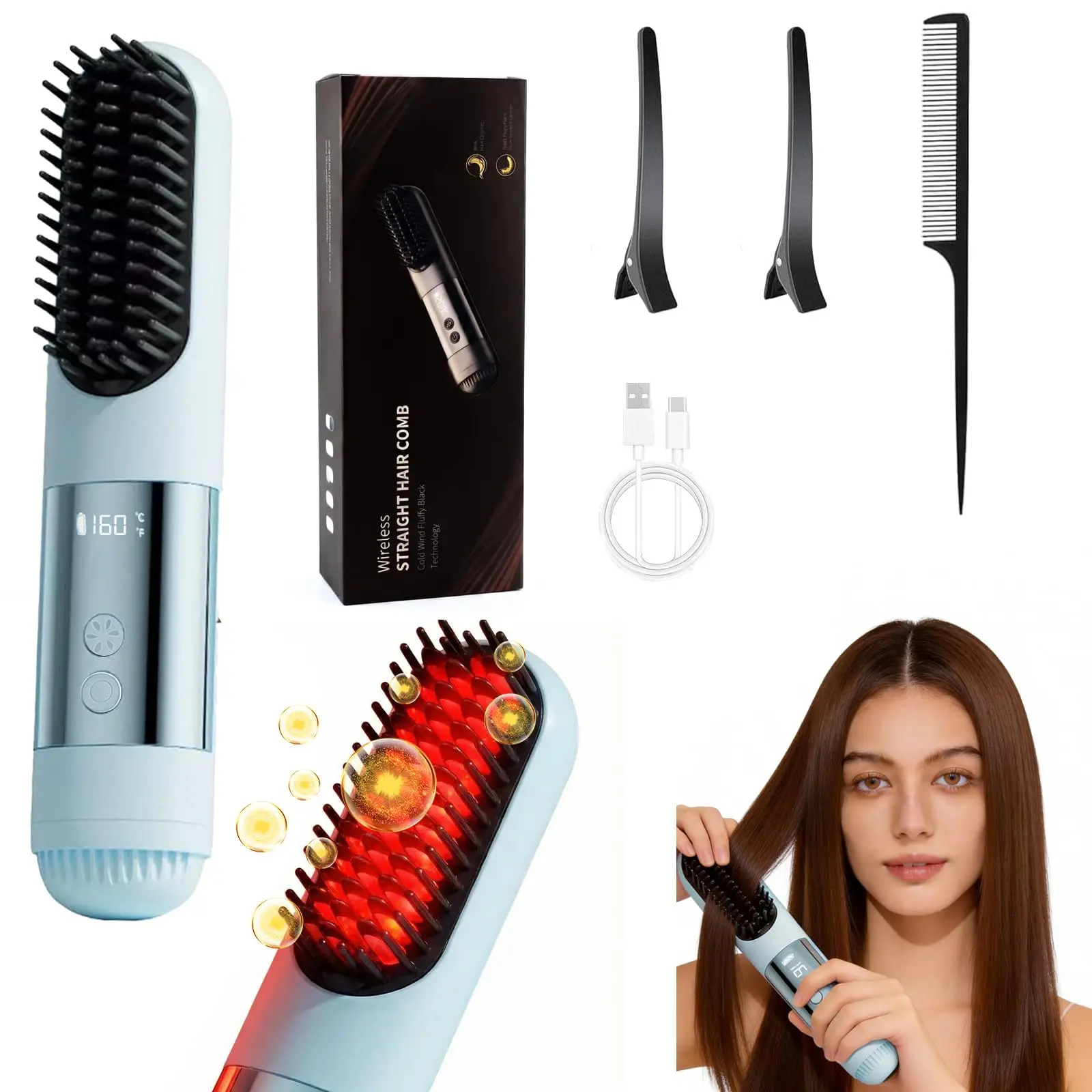 

2026 New Go Brush Pro Portable Cordless Hair Straightener Brush for Travel 30s Fast Heat Cool Air Setting on The Back