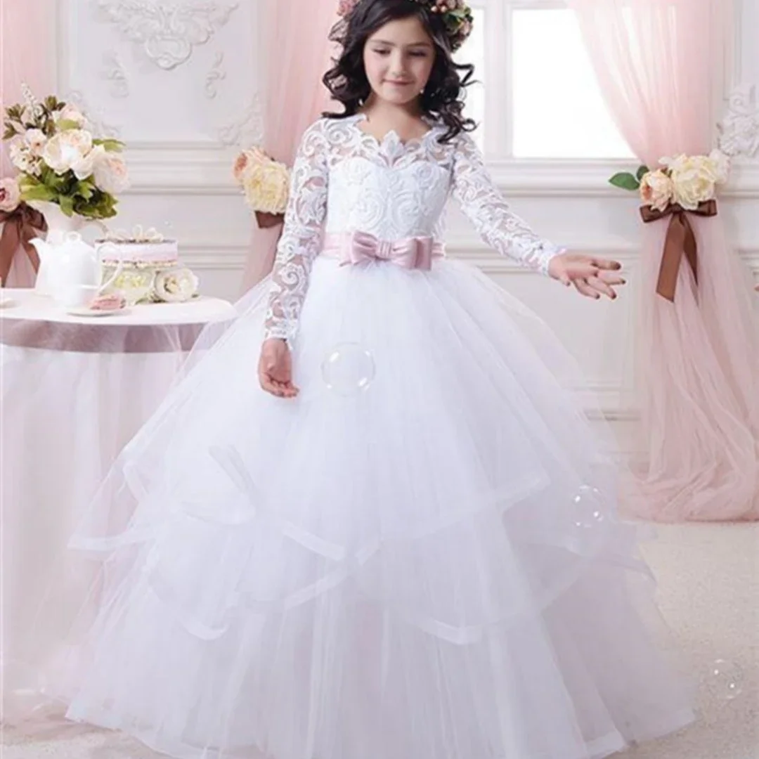 

First Communion Dresses O-neck with Bow Sash Flower Girl Dresses Ball Gowns Custom Made Vestidos