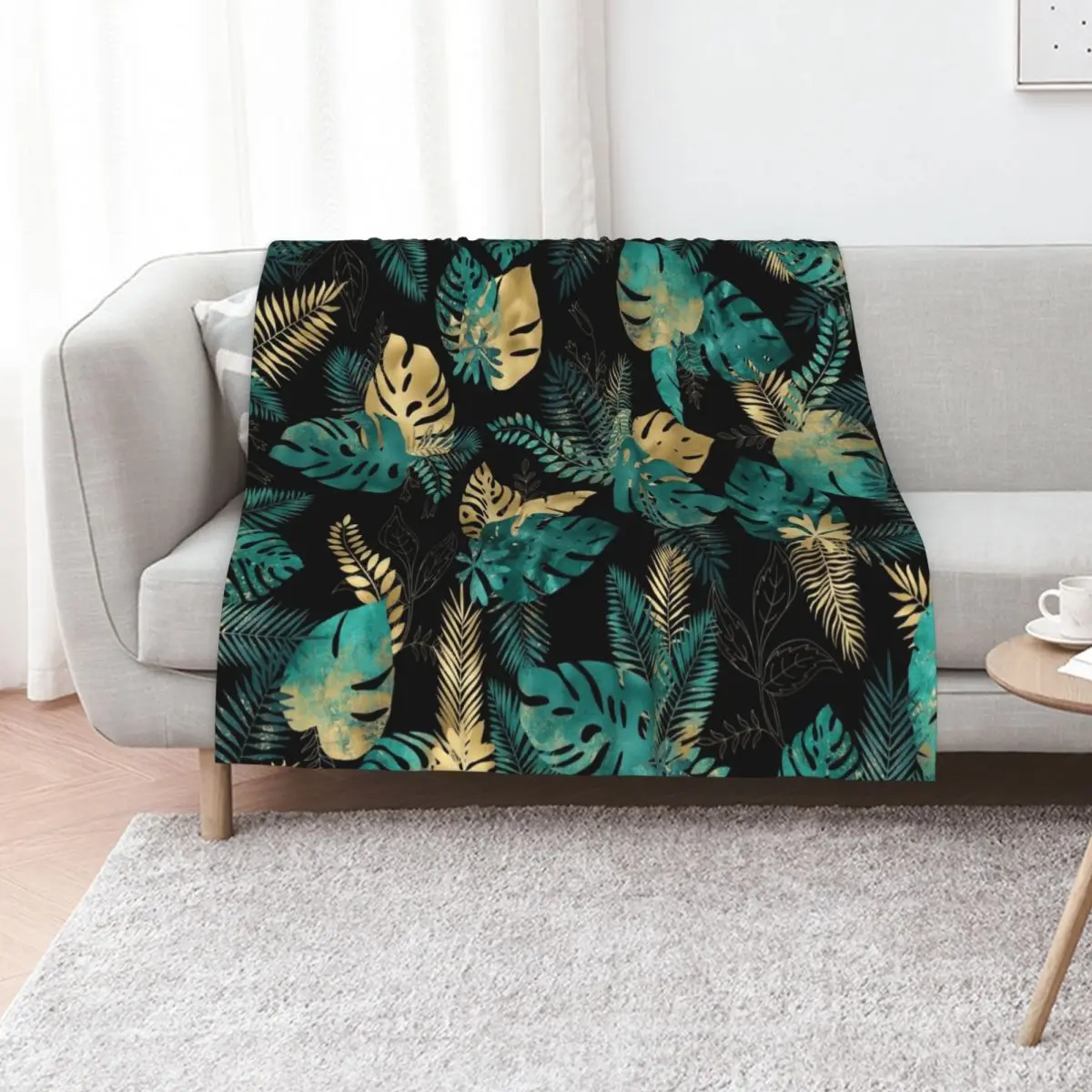 Teal and Gold foil leaves, bright and lush foliage pattern, large teal and gold tropical leaves Throw Blanket Loose Blankets