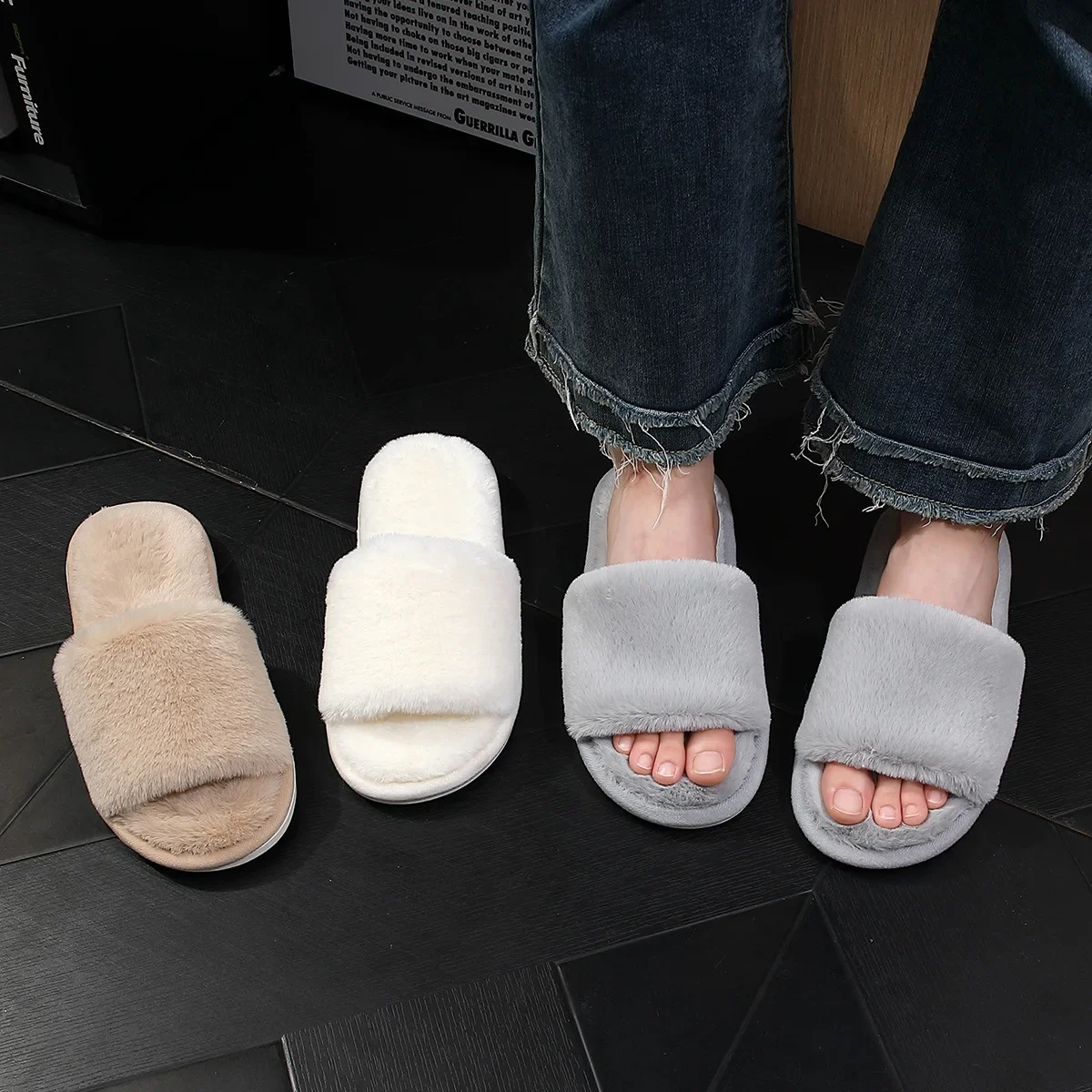 

2024 new imitation rabbit fur women's Non-slip home cotton slippers thick soled warm indoor slippers in autumn and winter