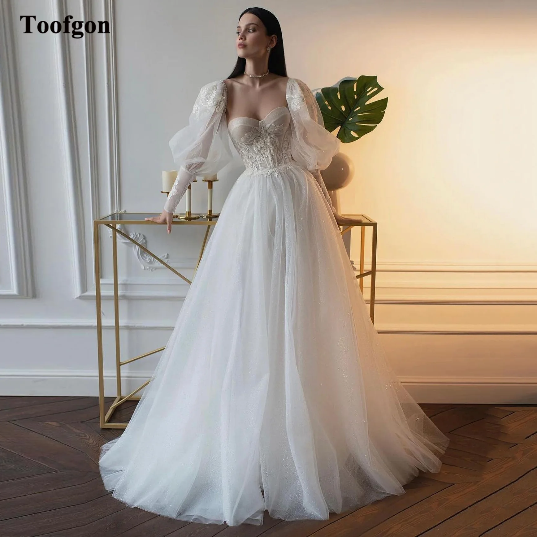 Toofgon Sparkly Tulle Puff Long Sleeve Wedding Gowns Formal Appliques Bride Bridal Gowns Women Party Wedding Dresses Customized