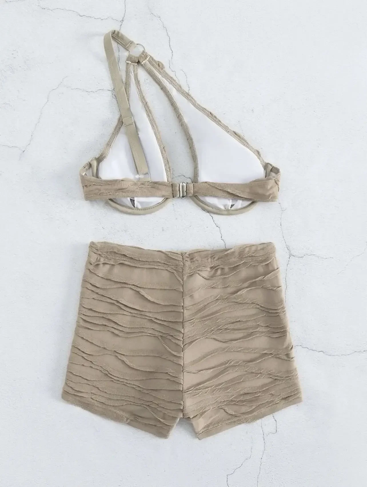 Baju Renang Berlipat 2024 Wanita 2 Potong Bikini Warna Solid Pinggang Tinggi Pakaian Renang Berkawat Bahu Tunggal Berongga Pakaian Mandi