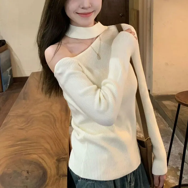 Koreanische Skew Kragen Gestrickte T-shirts Frühling Herbst Einfarbig Weibliche Kleidung Stilvolle Off Schulter Schlank Langarm Pullover
