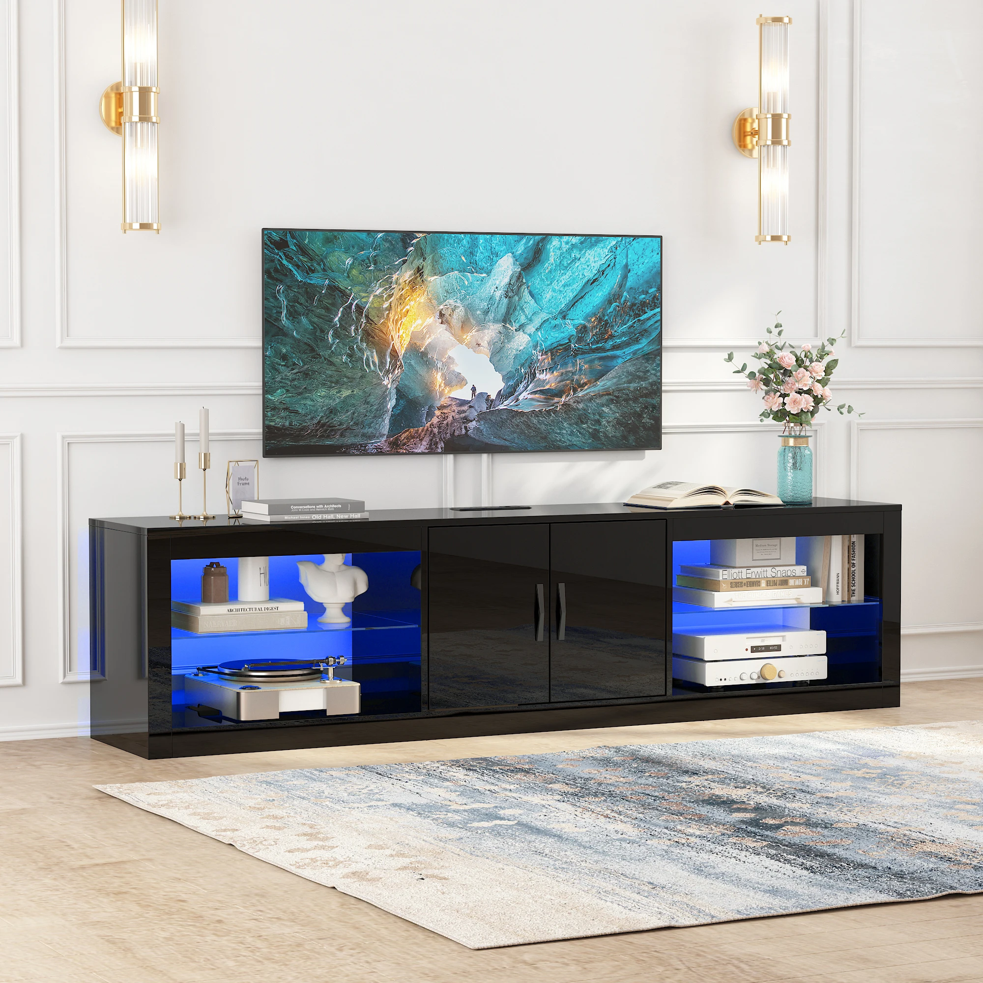 71 Inch High Gloss TV Stand for 80/75/65 Inch TV, Led Large TV Cabinet, Entertainment Center w/Adjustable Shelves Two Cabinets