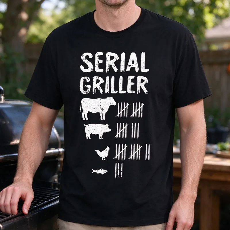 SERIAL GRILLER Men T-Shirt Funny Barbecue Grill Lover Graphic Print Modal Soft Casual Cookout Backyard Party Daily Wear Top