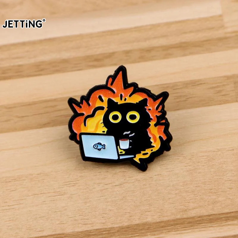1Pcs Lapel Pins Badge Cute Black Cat On Fire Enamel Brooch For Backpack Clothing Accessories Office Jewelry Friends Gifts