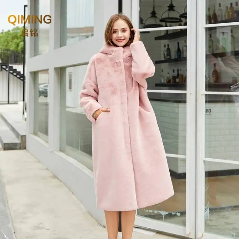 Winter Women Faux Rabbit Fur Coat Luxury Long Fur Coat Hooded OverCoat Warm Plus Size Female Plush Woman Coats Fluffy Jacket - view 6