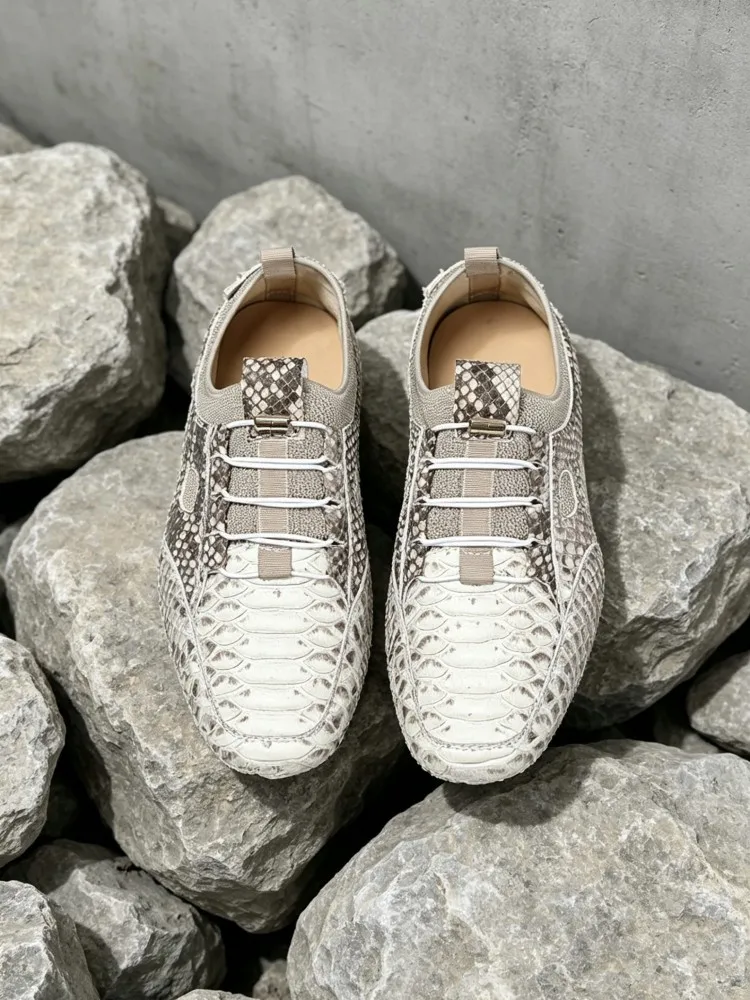 Summer Outdoor Casual Sneakers Men Slip On Snakeskin Patchwork Breathable Bottom Walking Shoes Genuine Leather Fashion Men Shoes