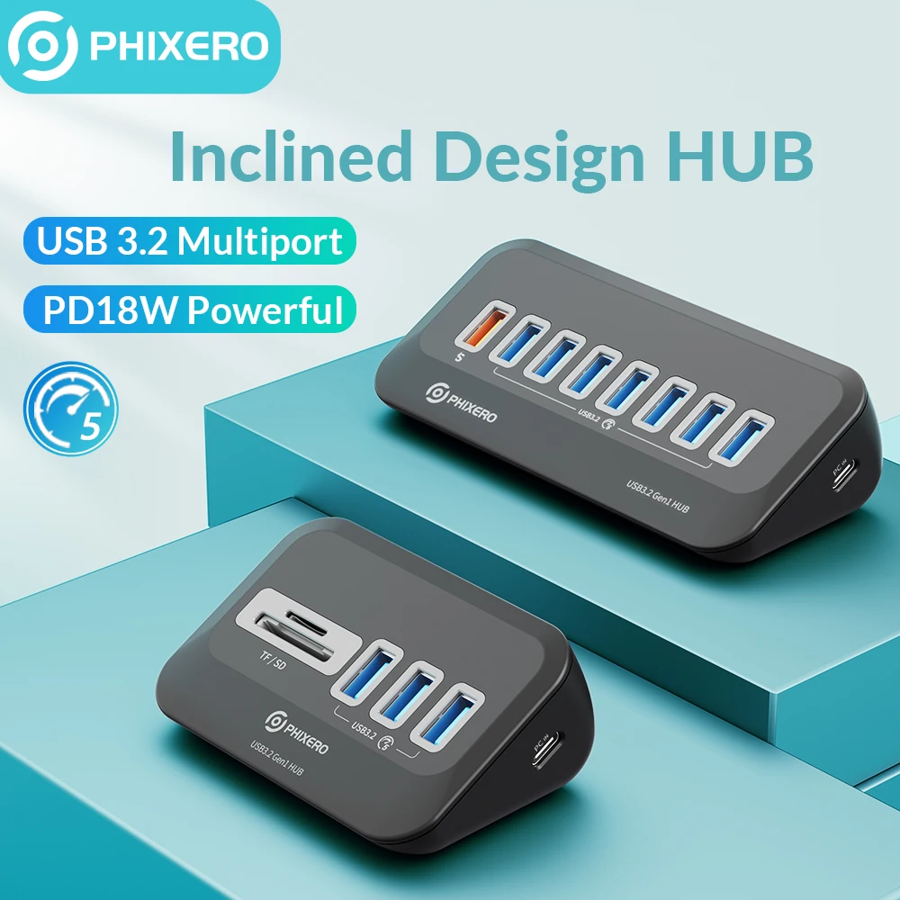 Phixero USB 3.2ฮับแยกชนิด C อะแดปเตอร์หลายพอร์ตสวิตช์3.0ท่าเรือพร้อม TF Micro SD เครื่องอ่านการ์ดสำหรับพีซี MacBook