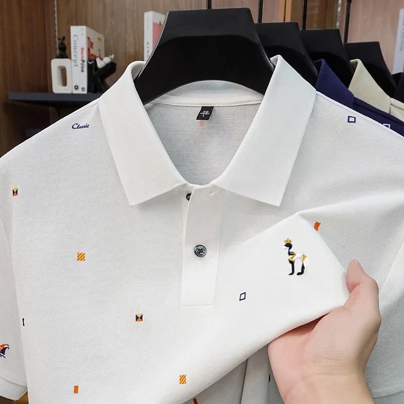 High Quality Men's Summer Short Sleeved Polo Shirt Lapel Jacquard Embroidered Silk Smooth T-Shirt Casual Fashionable Men's Top