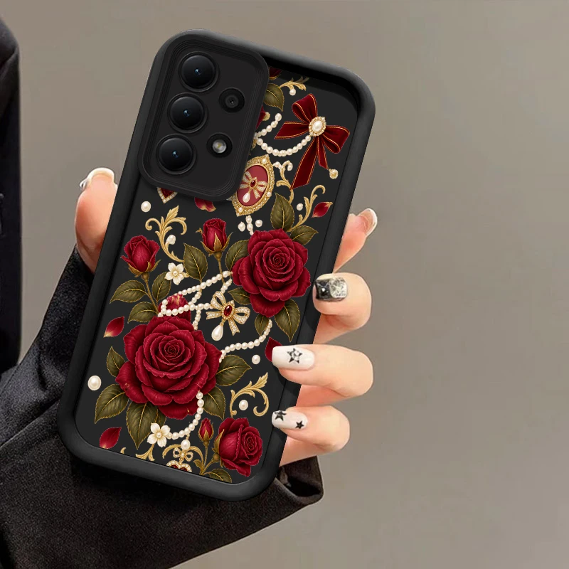 Red Floral Pattern Phone Case For Samsung Galaxy A53 A33 A23 A52S A32 A22 A12 A11 A13 A31 A73 A72 Shockproof Silicone Cover Capa