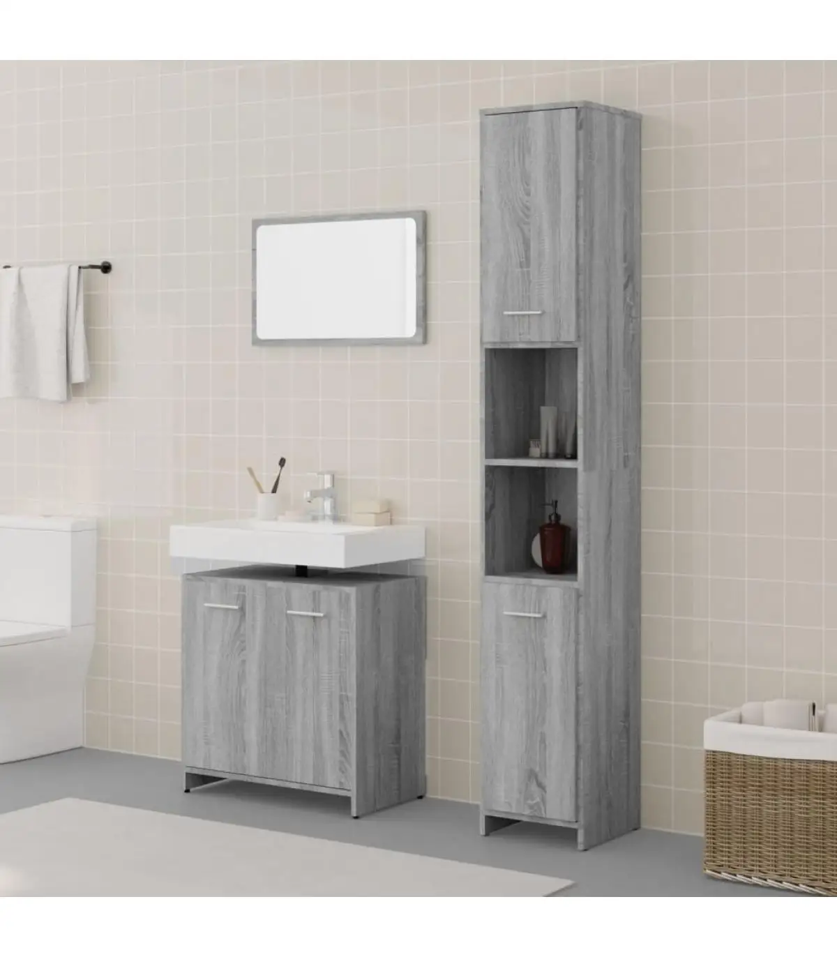 Bathroom Furniture 3 PCs sonoma gray plywood bathroom furniture Set