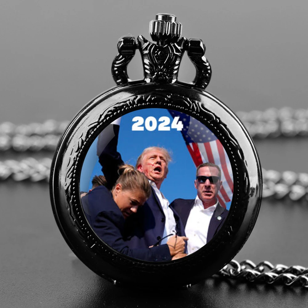 Vintage Men Womens Pocket Watches Black Classic Roman Quartz Pocket Watch Exquisite Trump 2024 Save America Pattern Pocket Watch