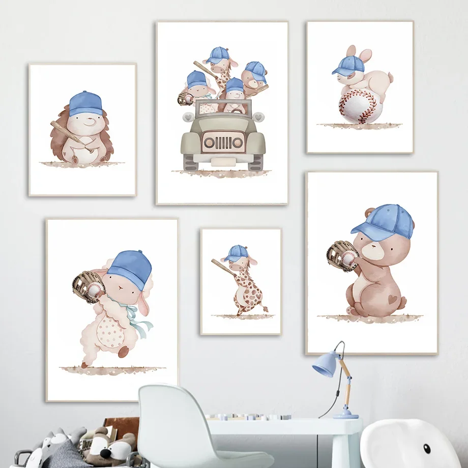 Baseball Sport Hedgehog Giraffe Rabbit Nursery Wall Art Canvas Painting Nordic Posters And Prints Wall Pictures Kids Room Decor