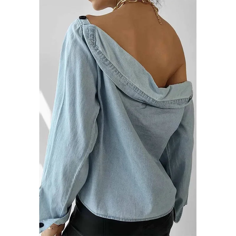 Lente Lange Mouw Onregelmatig Kraag Vrouwen Tops Koreaanse Stijl Blouses Voor Vrouwen Knoop Drop Shoulder Blouse Dame Blouse Vrouwen