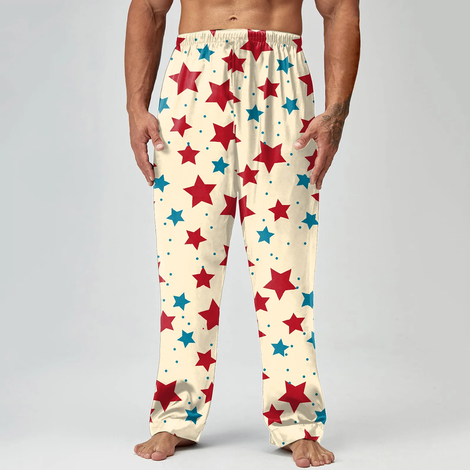 Men Independence Day Print Pajama Pants Drawstring Wide Leg Pants Spring Summer Breathable Home Wear Sports Casual Sleep Trouser