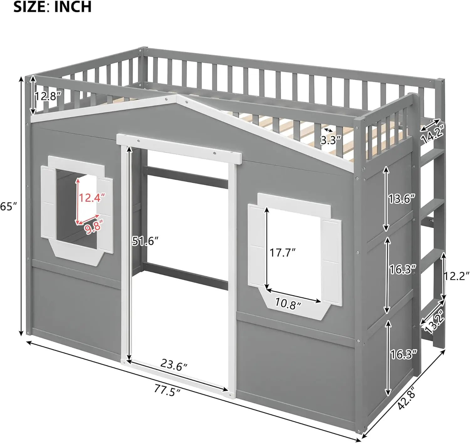 Hochbett aus Holz in Doppel größe, Hausbett rahmen mit Leiter und Sicherheits leitplanken für Kinder, kein Box spring erforderlich, grau-weiß