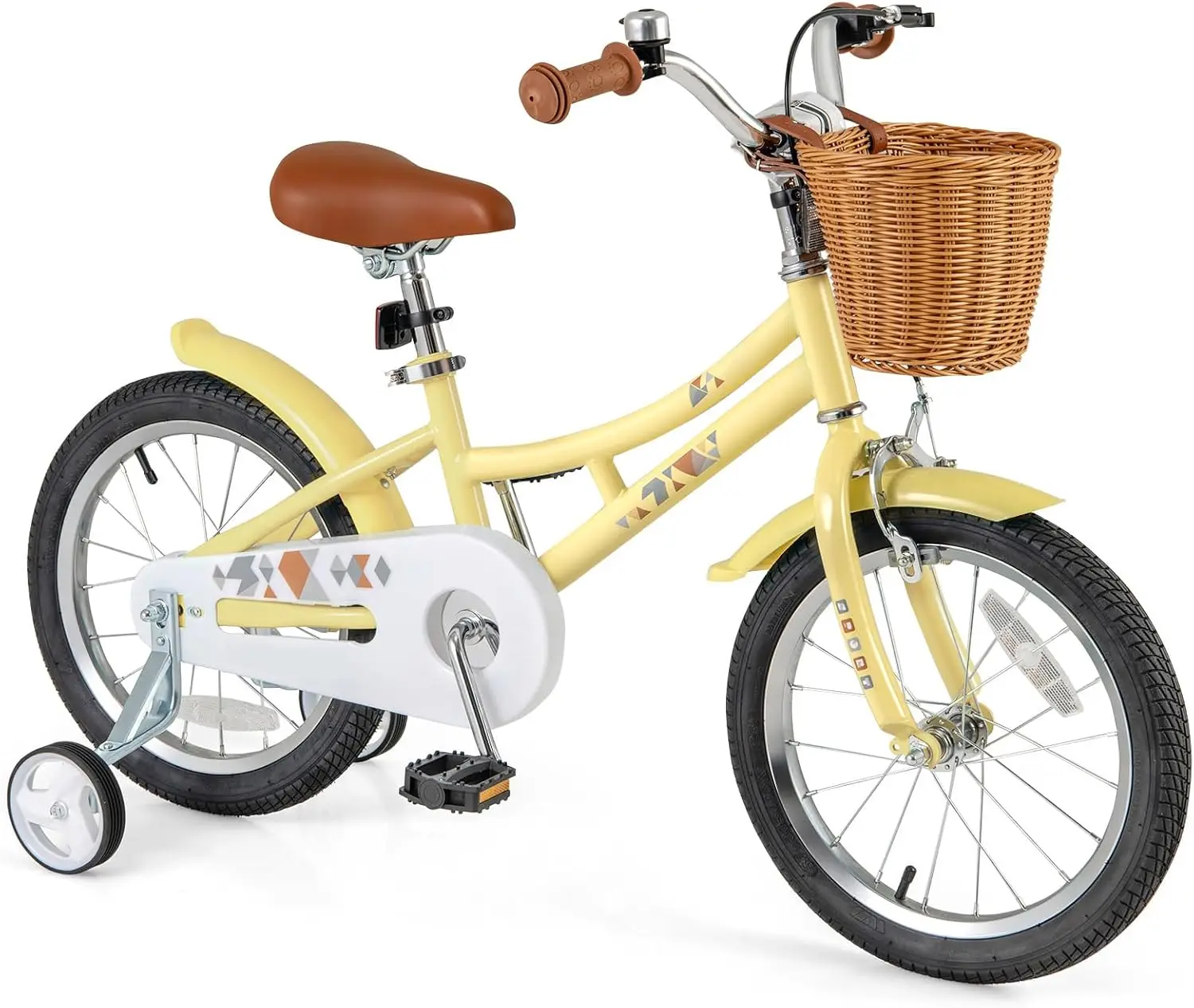 Retro kinderfiets, 12 14 16 18 inch kinderfiets voor 3-8 jaar oud met rotanmand, in hoogte verstelbaar, zijwieltjes, spatborden, Han